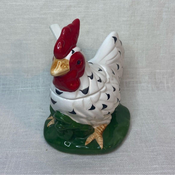 Country Style Rooster Ceramic Condiment Jar with Spoon 4”x5” - Picture 3 of 7